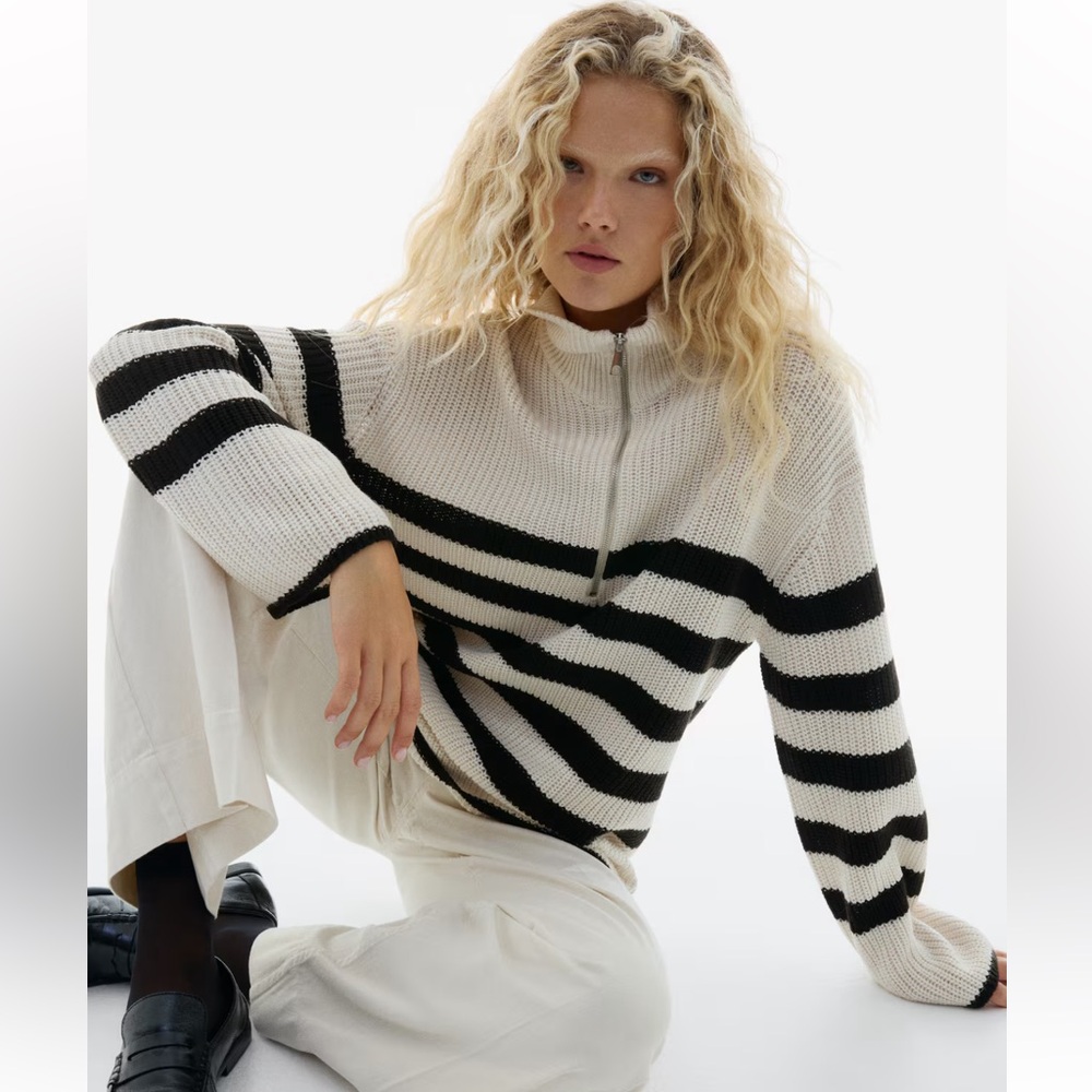 H&M half zip chunky knit black and white striped  sweater